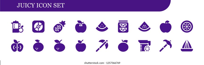 Vector icons pack of 18 filled juicy icons. Simple modern icons about  - Juice, Apple, Pineapple, Watermelon, Lemonade, Kiwi, Orange, Tangerine, Pick, Juicer