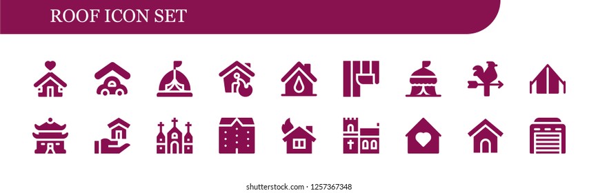 Vector icons pack of 18 filled roof icons. Simple modern icons about  - Shelter, Garage, Tent, House, Wallpaper, Vane, Church, Apartments, Home, Dog house