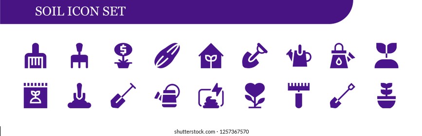 Vector icons pack of 18 filled soil icons. Simple modern icons about  - Rake, Plant, Seed, Garden, Shovel, Watering can, Growing plant, Fertilizer, Compost