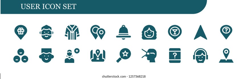 Vector icons pack of 18 filled user icons. Simple modern icons about  - Placeholder, Man, Uniform, Placeholders, Notification, Woman, Navigation, Rate, Avatar, Add user, Favorites