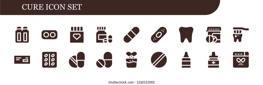 Vector icons pack of 18 filled cure icons. Simple modern icons about  - Suppositories, Drugs, Drug, Pills, Pill, Plaster, Tooth, Medicine, Effervescent, Eye drops