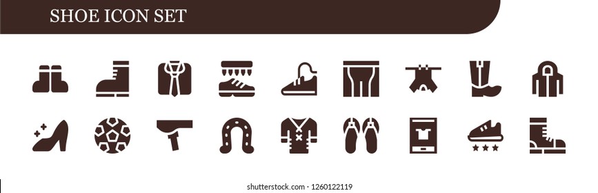 Vector icons pack of 18 filled shoe icons. Simple modern icons about  - Boots, Clothes, Shoes, Sport shoes, Pants, Hoodie, Cinderella, Soccer, Saddle, Horseshoe, Sandals, Fashion