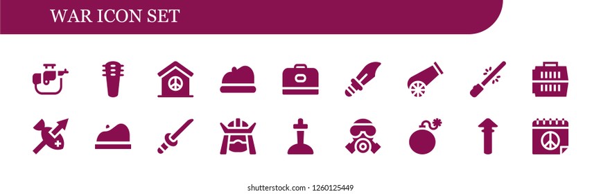 Vector icons pack of 18 filled war icons. Simple modern icons about  - Rifle, Weapons, Peace, Beret, Carrier, Dagger, Cannon, Saber, Spear, Katana, Samurai, Excalibur, Gas mask
