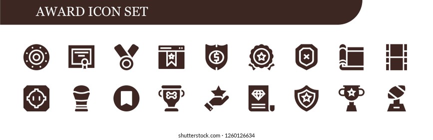 Vector icons pack of 18 filled award icons. Simple modern icons about  - Shield, Diploma, Medal, Bookmark, Carpet, Movie, Dohyo, Trophy, Star, Certificate