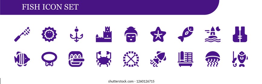 Vector icons pack of 18 filled fish icons. Simple modern icons about  - Net, Sea urchin, Hook, Belem tower, Geisha, Starfish, Fish, Ocean, Lifejacket, Collar, Crab, Hamster ball