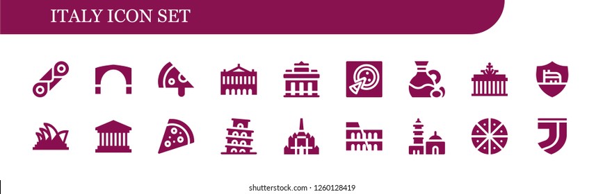 Vector icons pack of 18 filled italy icons. Simple modern icons about  - Cannoli, Stari most, Pizza, Palais garnier, Brandenburg gate, Olive, Roma, Opera house, Pantheon, Pisa