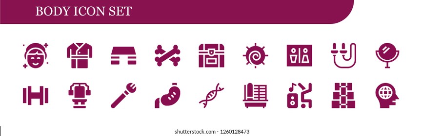 Vector icons pack of 18 filled body icons. Simple modern icons about  - Makeup, Robe, Fitness step, Bones, Chest, Chakra, Wc, Skip rope, Mirror, Dumbbell, Stomach, Genetic, Cage