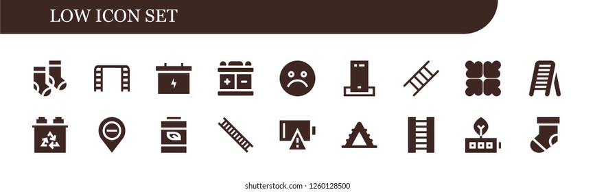 Vector icons pack of 18 filled low icons. Simple modern icons about  - Socks, Ladder, Battery, Unhappy, Charger, Reduce, Diminish, Empty battery, Sock