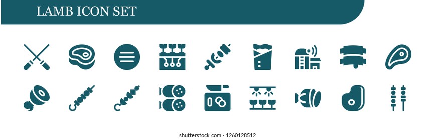 Vector icons pack of 18 filled lamb icons. Simple modern icons about  - Skewers, Meat, Farming, Skewer, Kebab, Farm, Ribs, Salami, Chop