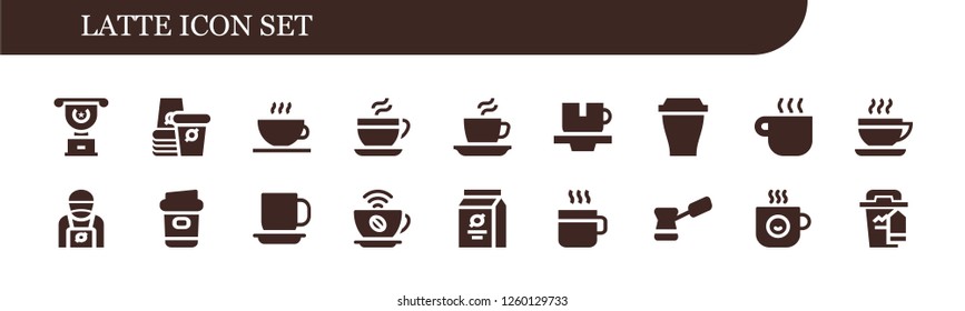 Vector icons pack of 18 filled latte icons. Simple modern icons about  - Cup, Paper cup, Coffee shop, Coffee, Coffee cup, Barista, Beans