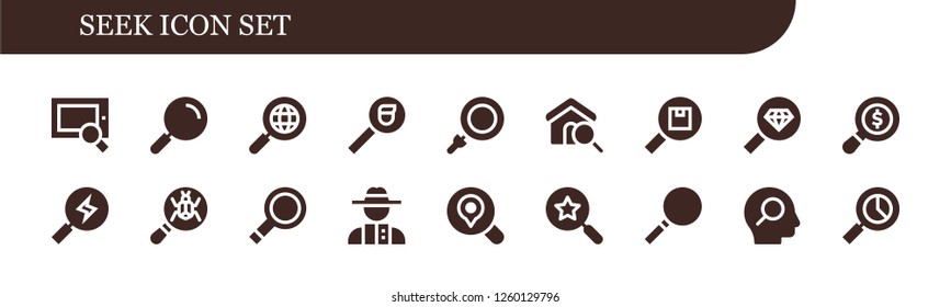 Vector icons pack of 18 filled seek icons. Simple modern icons about  - Search, Loupe, Magnifying glass, Detective