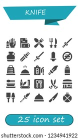 Vector icons pack of 25 filled knife icons. Simple modern icons about  - No weapons, Stationery, Cutlery, Katana, Canteen, Knife, Sword, No food, Grater, Meal, Cutting board, Dagger, Soup