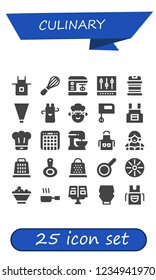 Vector icons pack of 25 filled culinary icons. Simple modern icons about  - Apron, Mixer, Condiments, Piping bag, Chef, Beater, Waitress, Grater, Pan, Fruit bowl, Frying pan, Recipe book