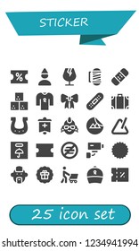 Vector icons pack of 25 filled sticker icons. Simple modern icons about  - Coupon, Birthday boy, Fragile, Barber, Bandage, Sugar cube, Ribbon, Travel bag, Horseshoe, Banner, Punk, Sticker