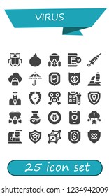 Vector icons pack of 25 filled virus icons. Simple modern icons about  - Malware, Attack, Gas mask, Hacker, Vaccine, Security, Protection, Shield, Microscope, Science, Virus, Cells