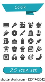 Vector icons pack of 25 filled cook icons. Simple modern icons about  - Soup, Spatula, Chop, Fried chicken, Pot, Cutting board, Donut, Knife, Grater, Olive oil, Beater, Bonnet, Sauce, Pastry bag