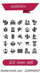 Vector icons pack of 25 filled garden icons. Simple modern icons about  - Cactus, Flowerpot, Seed, Forest, Bonsai, Ladybug, Wheelbarrow, Radish, Fountain, Plant, Blossom, Branch, Manure