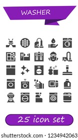 Vector icons pack of 25 filled washer icons. Simple modern icons about  - Hockey, Vacuum, Wash, Laundry, Clean window, Machine, Maid, Vacuum cleaner, Washing machine, Clean, Glass cleaner