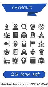 Vector icons pack of 25 filled catholic icons. Simple modern icons about  - Bishop, Cemetery, Rosary, Coffin, Stained glass, Church, Bible, Nun, Gravestone, Christianity, Priest, Christian