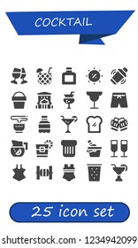 Vector icons pack of 25 filled cocktail icons. Simple modern icons about  - Toast, Cocktail, Whisky, Summer, Shaker, Sand bucket, Bar, Swimsuit, Tea, Soda, Lemonade, Whiskey, Ice bucket
