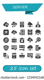 Vector icons pack of 25 filled server icons. Simple modern icons about  - Cloud computing, Music, Cpu, Security, Itunes, Cloud, Server, Data storage, Harddrive, Https, Database, Hard drive