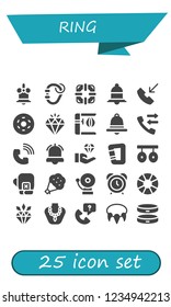 Vector icons pack of 25 filled ring icons. Simple modern icons about  - Bell, Carabiner, Lifesaver, Notification, Phone call, Doughnut, Diamond, Punching bag, Call, Alarm, Jewelry, Rings