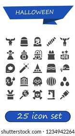 Vector icons pack of 25 filled halloween icons. Simple modern icons about  - Skull, Candy, Teleoperator, Poison, Ossuary, Cauldron, Magic, Fall, Witch, Pirate scarf, Ghost, Tombstone, Candies