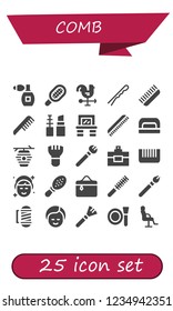 Vector icons pack of 25 filled comb icons. Simple modern icons about  - Perfume, Comb, Cock, Hairpin, Make up, Vanity, Nail dryer, Beehive, Makeup, Cosmetics, Barber, Salon chair