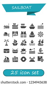 Vector icons pack of 25 filled sailboat icons. Simple modern icons about  - Ship, Boat, Sailboat, Sea, Pirate, Lifejacket, Helm, Island, Sailing, Float, Windsurf, Shipping