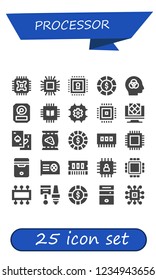 Vector icons pack of 25 filled processor icons. Simple modern icons about  - Cpu, Microchip, Chip, Chips, Intelligence, Hdd, Artificial intelligence, Ram, Components