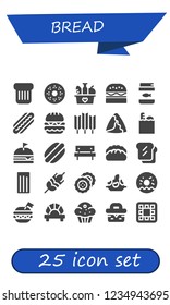 Vector icons pack of 25 filled bread icons. Simple modern icons about  - Toast, Doughnut, Food, Burger, Fish food, Hot dog, Wheat, Samosa, Groceries, Picnic, Bread, Churros, Biscuit, Rice