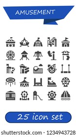 Vector icons pack of 25 filled amusement icons. Simple modern icons about  - Circus, Fair ship, Slide, Ferris wheel, Playground, Carousel, Amusement park, Roller coaster, Clown, Trapeze