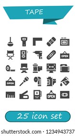 Vector icons pack of 25 filled tape icons. Simple modern icons about  - Awl, Opener, Ruler, Bandage, Recorder, Director, Caulk gun, Open, Measuring tape, Reel, Size, Gauze, Film roll, Measure