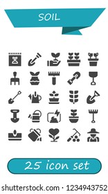 Vector icons pack of 25 filled soil icons. Simple modern icons about  - Fertilizer, Shovel, Sprout, Plants, Plant, Rake, Watering can, Growing plant, Compost, Sow, Gardener