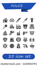 Vector icons pack of 25 filled police icons. Simple modern icons about  - No weapons, Handcuffs, Weapons, Weapon, Police car, Walkie talkie, Cctv, Prison, Government, Gun, Surveillance