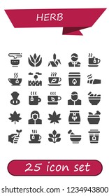 Vector icons pack of 25 filled herb icons. Simple modern icons about  - Tea, Aloe vera, Bulrush, Pharmacist, Prairie, Tea bag, Marijuana, Chives, Mortar, Eco friendly, Spinach