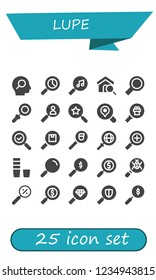 Vector icons pack of 25 filled lupe icons. Simple modern icons about  - Search, Magnifying glass, Glass, Loupe