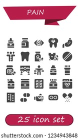 Vector icons pack of 25 filled pain icons. Simple modern icons about  - Medicine, Fatigue, Tooth, Stomach, Voodoo doll, Pills, Pill, Guillotine, Drug, Bandaged finger, Drugs