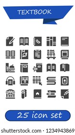 Vector icons pack of 25 filled textbook icons. Simple modern icons about  - Paper, Book, Phone book, Books, Bookshelf, Audiobook, Library