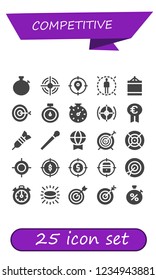 Vector icons pack of 25 filled competitive icons. Simple modern icons about  - Stopwatch, Target, Punching ball, Prize, Dart, Stick, Stopclock, Puck
