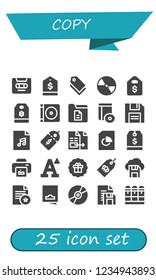 Vector icons pack of 25 filled copy icons. Simple modern icons about  - Cassette, Tag, Compact disc, Price tag, Dvd, Document, Cd, Diskette, Audio file, Price label, Print, Font, Sticker