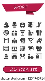 Vector icons pack of 25 filled sport icons. Simple modern icons about  - Sailboat, Smartwatch, Boxing helmet, Backpack, Kayak, Dartboard, Gloves, Trophy, Slide, Referee, Line, Beer pong