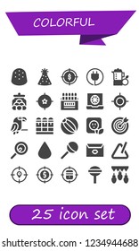 Vector icons pack of 25 filled colorful icons. Simple modern icons about  - Gumdrop, Party hat, Target, Plug, Juice, Candy jar, Colored pencils, Color, Parrot, Cartridge, Beach ball, Lollipop