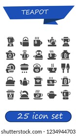 Vector icons pack of 25 filled teapot icons. Simple modern icons about  - Blender, Kettle, Tea, Teapot, Porcelain, Cooking, Utensils, Tea pot