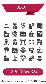 Vector Icons Pack Of 25 Filled Job Icons. Simple Modern Icons About  - Hat, Policeman, Goal, User, Folder, Painting, Portfolio, Doctor, Manager, Desk, Helmet, Concierge, Shake Hands, Briefcase