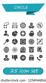 Vector icons pack of 25 filled circle icons. Simple modern icons about  - Jumping rope, Color wheel, Virtual reality, Bomb, Add, Pie chart, Lifesaver, Setting, Stopwatch, Weapon, Clock