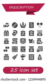 Vector icons pack of 25 filled prescription icons. Simple modern icons about  - Medicine, Pill, Pills, Suppositories, Pharmacy, Vitamins, Medical report, Medical, Drug, Ointment