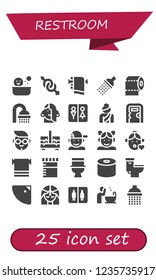 Vector icons pack of 25 filled restroom icons. Simple modern icons about  - Shower, Gender, Towel, Toilet paper, Girl, Wc, Woman, Public toilet, Boy, Sewing box, Urine, Toilet, Tissue, Bathroom