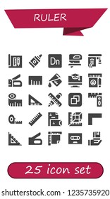 Vector icons pack of 25 filled ruler icons. Simple modern icons about  - Architecture, Glue, Dimension, Fretsaw, Education, Stapler, Ruler, Measure, Measuring tape, Set square, Size, Rulers