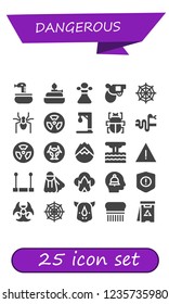 Vector icons pack of 25 filled dangerous icons. Simple modern icons about  - Snake, Burner, Poison, Pistol, Spider web, Spider, Radioactive, Gallow, Fleas, Biohazard, Forest fire, Eruption